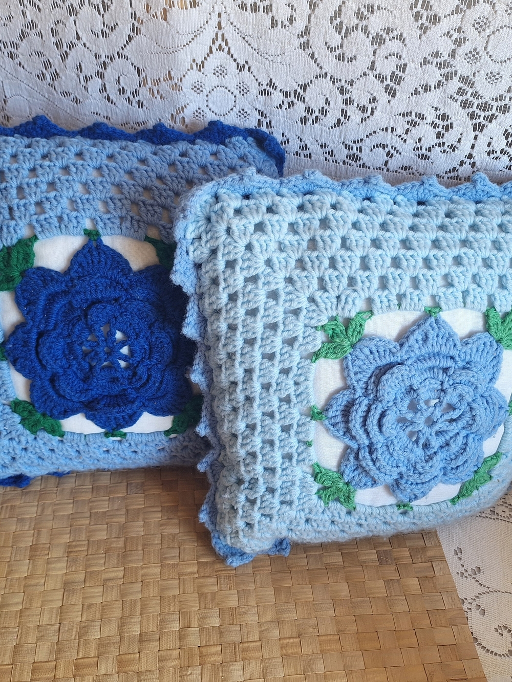 Handmade Blue Crochet Floral Throw Pillow